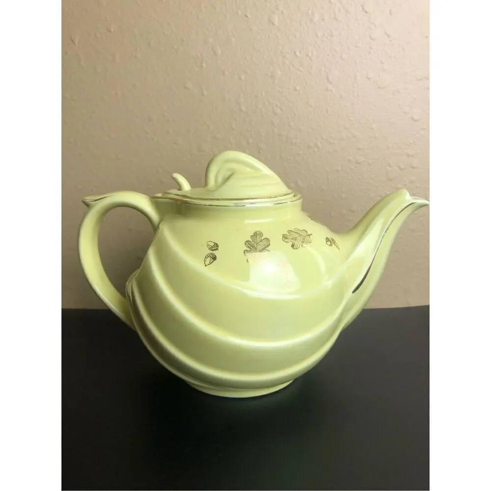 Retro Hall Teapot Canary Gold Label Parade Hook Yellow With Gold Oak Leaves 1950